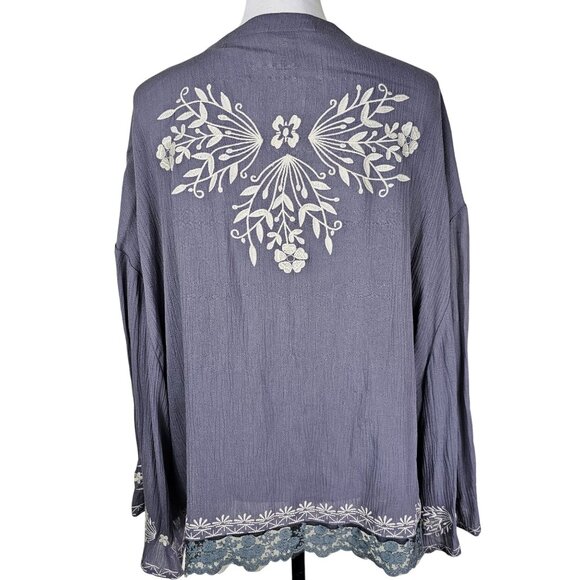 Sundance Embroidered Open Front Kimono Cardigan M Gray Cream Flowy Crinkle Boho - Picture 2 of 9